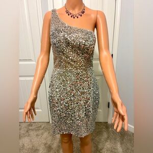 Elegant Silver One-Shoulder Junior size formal dress.